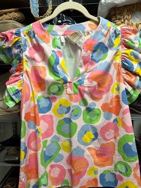 Ruffle Sleeve Abstract Pastel Animal Blouse in Multicolor by Emily McCarthy EUC